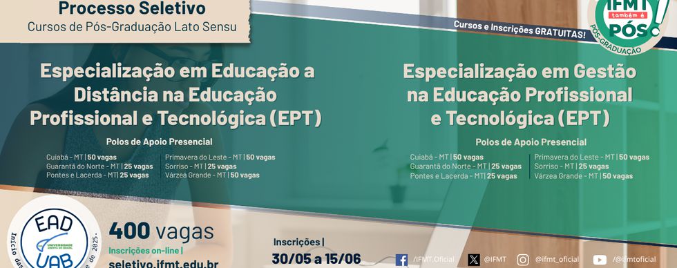 IFMT abre inscrições para 400 vagas em cursos de especialização a distância pelo programa UAB
